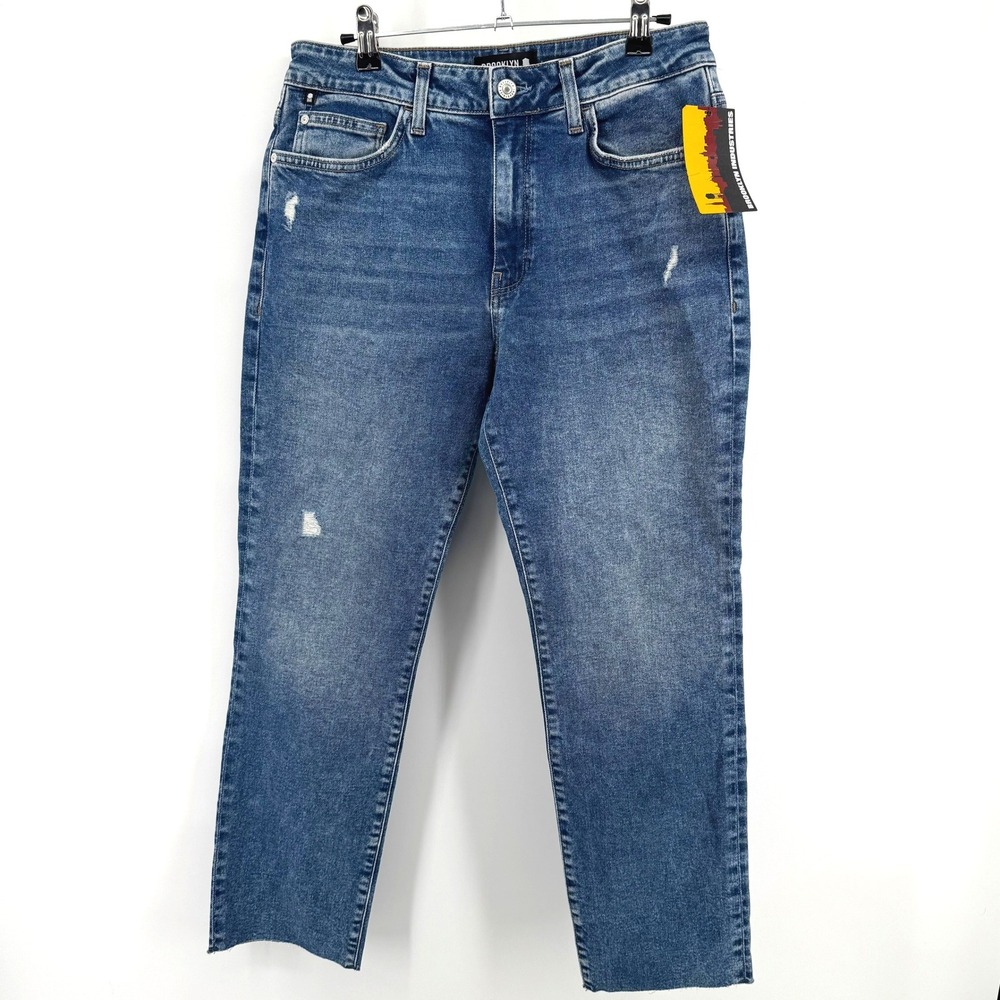 Brooklyn Industries Court Jeans Mens 29 Blue Slim Straight Distressed Raw Hem